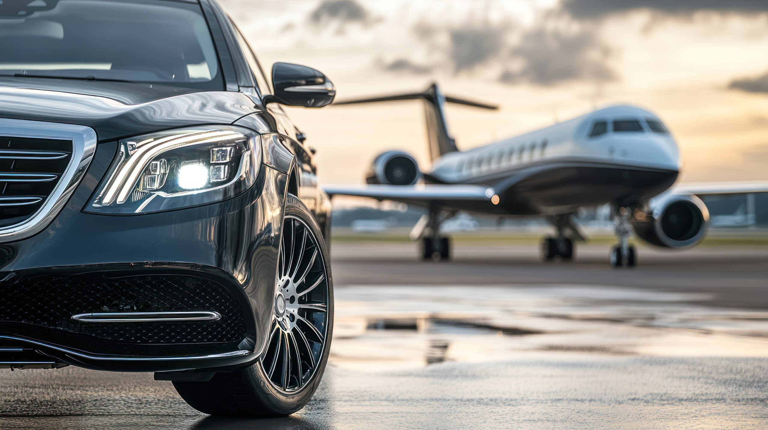 A luxury car parked near a private jet on an airport runway at sunset.